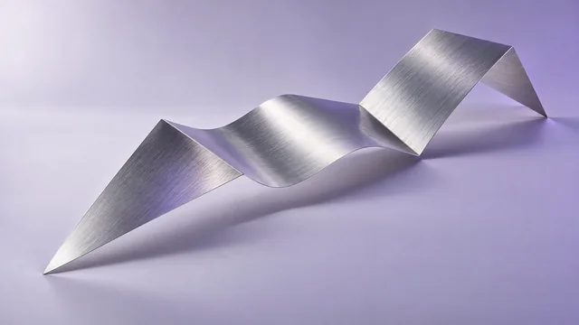 A folded brushed-aluminum sculpture catches lavender and silver light above a pale lilac surface
