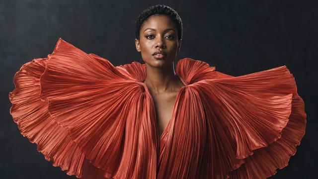 An adult model in a sculptural coral pleated cape against a dark slate backdrop