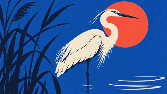 A cream heron and a coral sun form a bold graphic composition over cobalt-blue water