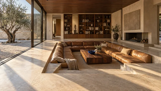 Afternoon sun crosses a sunken living room with caramel seating, walnut shelves, and a courtyard tree