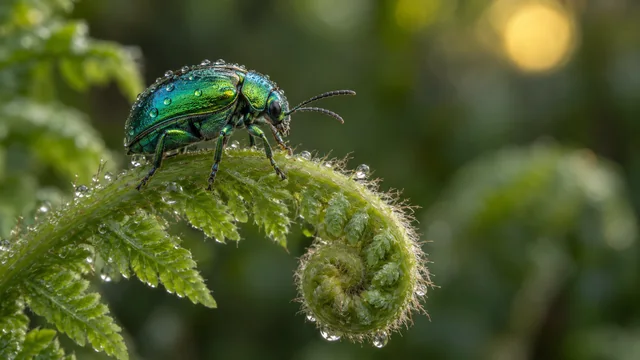 An iridescent emerald beetle rests on a curling fern frond covered in tiny rain droplets