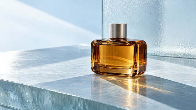 An amber perfume bottle on pale blue translucent glass with crisp sunlight and caustic reflections