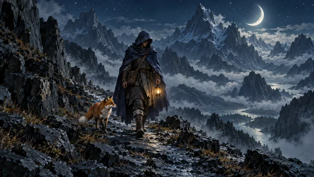 A cloaked traveler with a glowing lantern and a small fox crosses a moonlit mountain pass