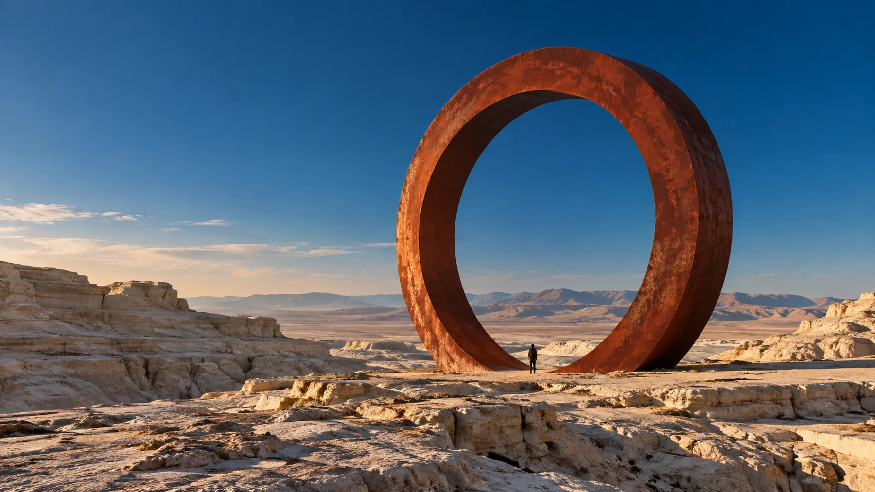 A monumental copper-red portal in a sunlit stone landscape