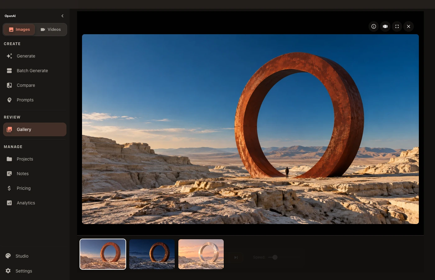 Sunlit open in AI Media Studio’s Gallery Review, with an interactive website filmstrip